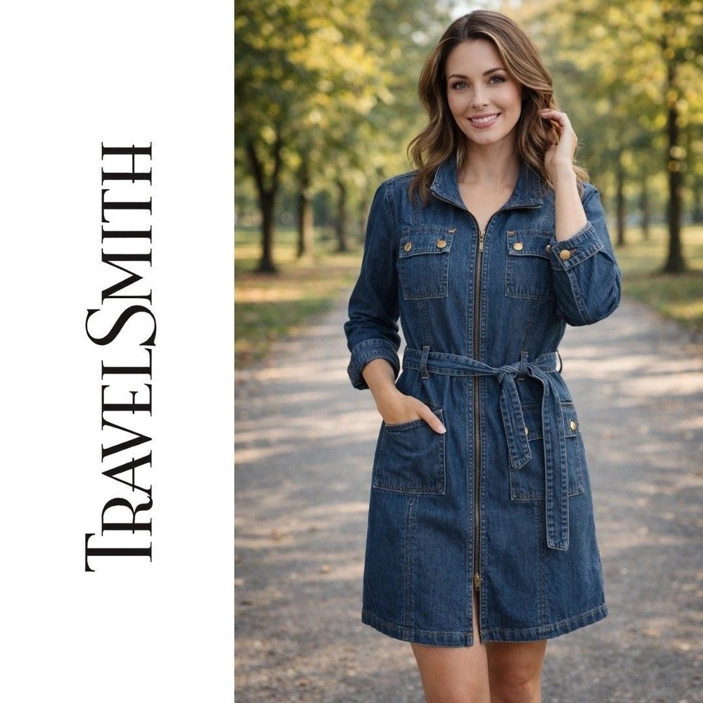 TravelSmith Women XL Denim Duster Jacket Blue Zip Longline Utility Coat dress